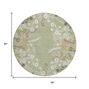 HomeRoots 8' Round Floral Area Rug in Artichoke Green, Wheat & Ivory – Washable, Durable for Indoor & Outdoor Use 659846