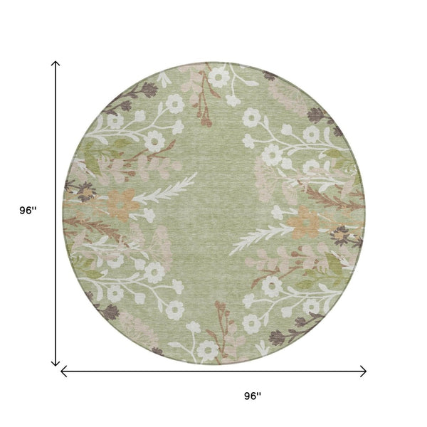 HomeRoots 8' Round Floral Area Rug in Artichoke Green, Wheat & Ivory – Washable, Durable for Indoor & Outdoor Use 659846