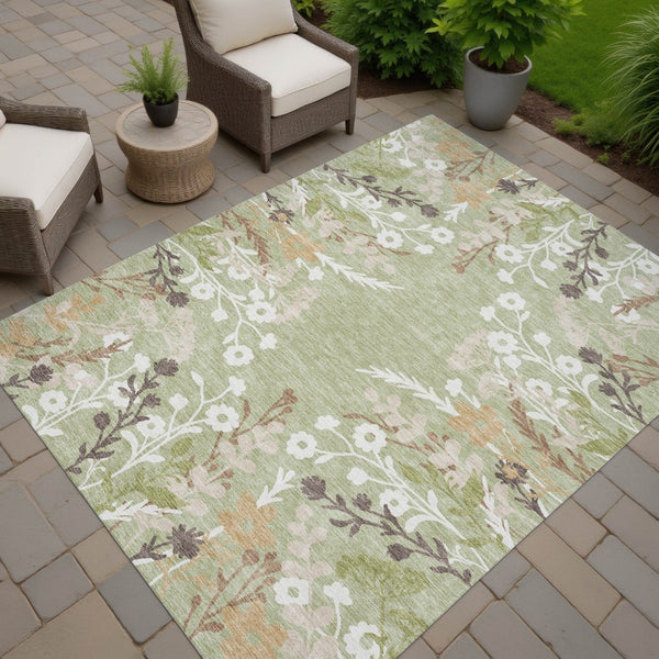 HomeRoots 9' X 12' Durable Floral Area Rug in Artichoke Green, Wheat & Ivory - Machine Washable for Indoors & Outdoors 659848