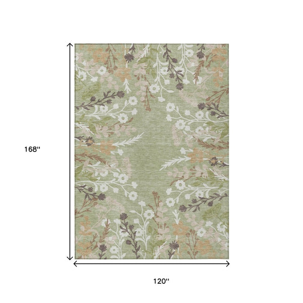 HomeRoots 10' X 14' Elegant Artichoke Green Floral Area Rug - Washable Indoor/Outdoor Design for Every Space! 659849
