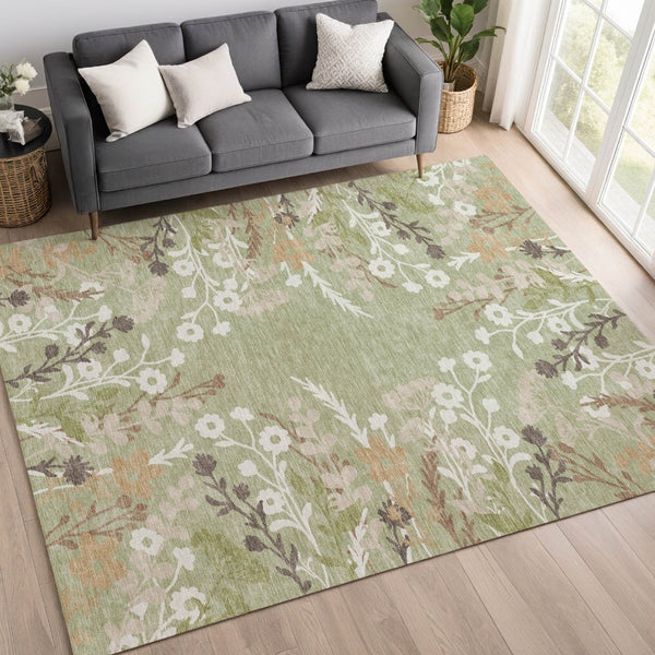 HomeRoots 10' X 14' Elegant Artichoke Green Floral Area Rug - Washable Indoor/Outdoor Design for Every Space! 659849