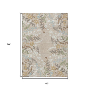 HomeRoots 5' Indoor Outdoor Floral Area Rug - Washable Beige, Ivory & Blue Design for High-Traffic Spaces 659851