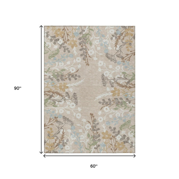 HomeRoots 5' Indoor Outdoor Floral Area Rug - Washable Beige, Ivory & Blue Design for High-Traffic Spaces 659851