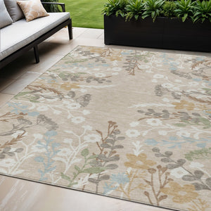 HomeRoots 5' Indoor Outdoor Floral Area Rug - Washable Beige, Ivory & Blue Design for High-Traffic Spaces 659851