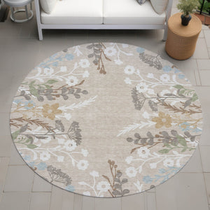 HomeRoots 8' Round Floral Area Rug in Beige, Ivory & Blue - Durable, Washable for Indoor & Outdoor Use! 659852