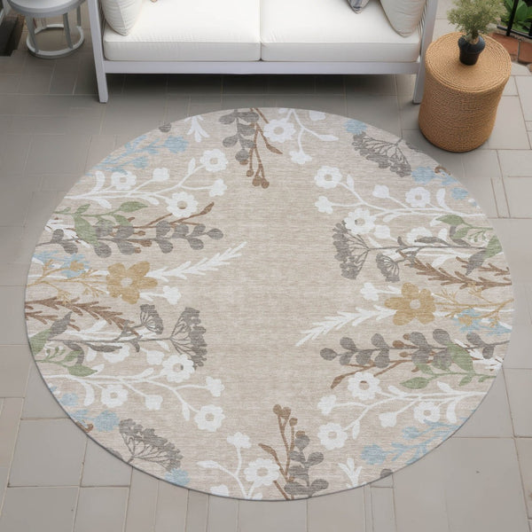 HomeRoots 8' Round Floral Area Rug in Beige, Ivory & Blue - Durable, Washable for Indoor & Outdoor Use! 659852