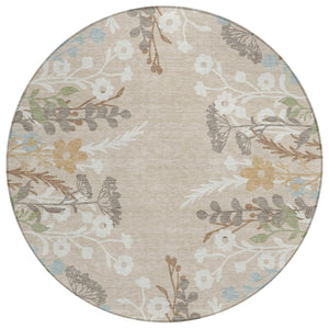 HomeRoots 8' Round Floral Area Rug in Beige, Ivory & Blue - Durable, Washable for Indoor & Outdoor Use! 659852