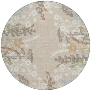 HomeRoots 8' Round Floral Area Rug in Beige, Ivory & Blue - Durable, Washable for Indoor & Outdoor Use! 659852