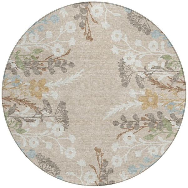 HomeRoots 8' Round Floral Area Rug in Beige, Ivory & Blue - Durable, Washable for Indoor & Outdoor Use! 659852