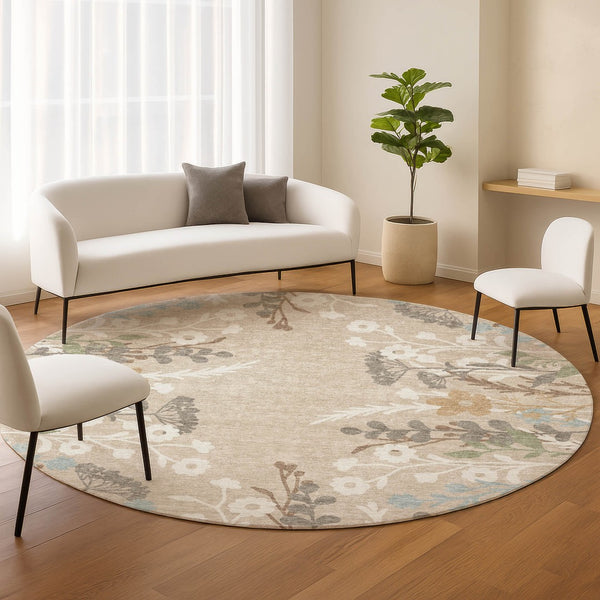 HomeRoots 8' Round Floral Area Rug in Beige, Ivory & Blue - Durable, Washable for Indoor & Outdoor Use! 659852