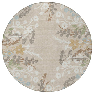 HomeRoots 8' Round Floral Area Rug in Beige, Ivory & Blue - Durable, Washable for Indoor & Outdoor Use! 659852