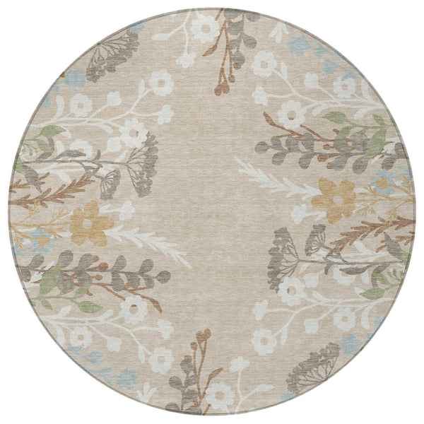 HomeRoots 8' Round Floral Area Rug in Beige, Ivory & Blue - Durable, Washable for Indoor & Outdoor Use! 659852