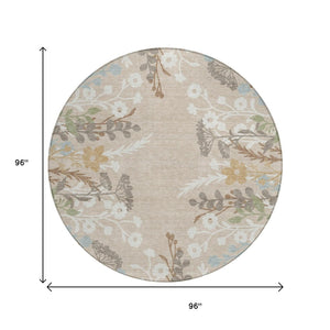 HomeRoots 8' Round Floral Area Rug in Beige, Ivory & Blue - Durable, Washable for Indoor & Outdoor Use! 659852