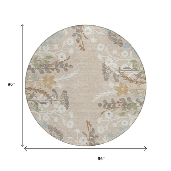 HomeRoots 8' Round Floral Area Rug in Beige, Ivory & Blue - Durable, Washable for Indoor & Outdoor Use! 659852