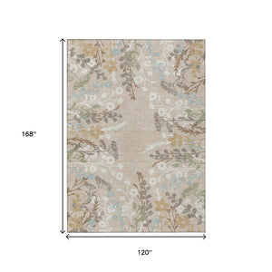HomeRoots 10' Beige, Ivory & Blue Floral Washable Area Rug – Durable Indoor/Outdoor Design for High Traffic Use 659855