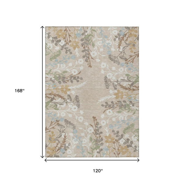 HomeRoots 10' Beige, Ivory & Blue Floral Washable Area Rug – Durable Indoor/Outdoor Design for High Traffic Use 659855
