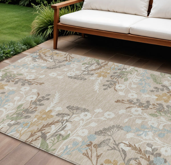 HomeRoots 10' Beige, Ivory & Blue Floral Washable Area Rug – Durable Indoor/Outdoor Design for High Traffic Use 659855