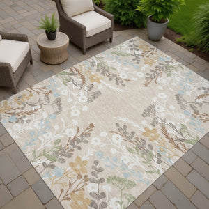 HomeRoots 10' Beige, Ivory & Blue Floral Washable Area Rug – Durable Indoor/Outdoor Design for High Traffic Use 659855