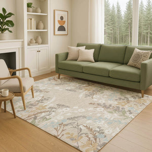 HomeRoots 10' Beige, Ivory & Blue Floral Washable Area Rug – Durable Indoor/Outdoor Design for High Traffic Use 659855