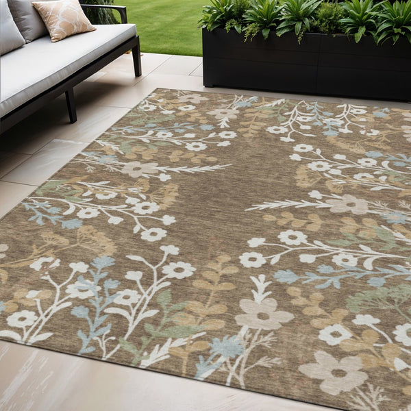 HomeRoots 5' X 8' Floral Area Rug in Chocolate, Ivory, and Blue - Durable, Washable for Indoor & Outdoor Use 659857
