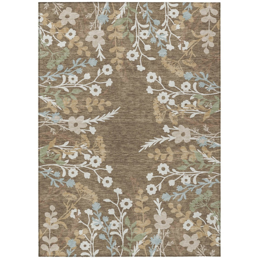 HomeRoots 5' X 8' Floral Area Rug in Chocolate, Ivory, and Blue - Durable, Washable for Indoor & Outdoor Use 659857