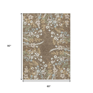 HomeRoots 5' X 8' Floral Area Rug in Chocolate, Ivory, and Blue - Durable, Washable for Indoor & Outdoor Use 659857