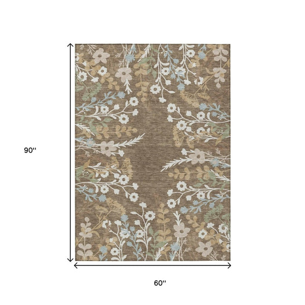 HomeRoots 5' X 8' Floral Area Rug in Chocolate, Ivory, and Blue - Durable, Washable for Indoor & Outdoor Use 659857