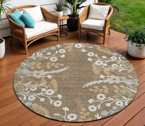 HomeRoots 8' Round Floral Area Rug in Chocolate, Ivory & Blue - Washable, Durable for Indoor/Outdoor Use! 659858