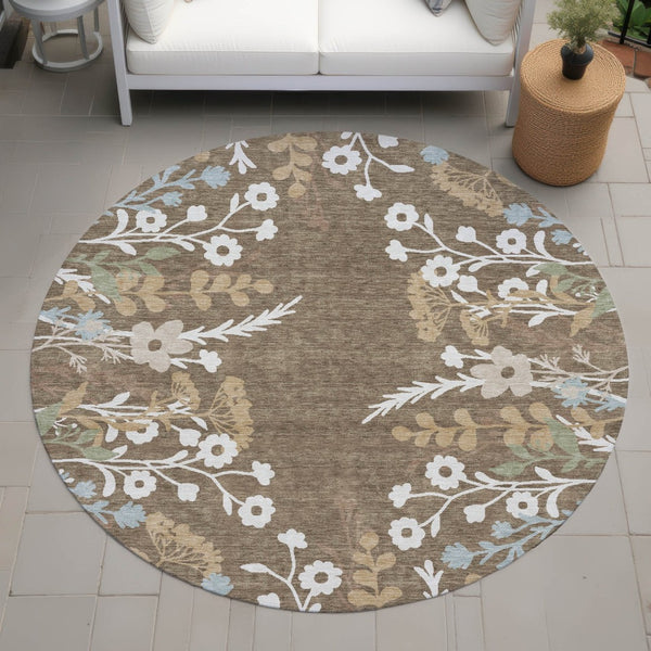 HomeRoots 8' Round Floral Area Rug in Chocolate, Ivory & Blue - Washable, Durable for Indoor/Outdoor Use! 659858