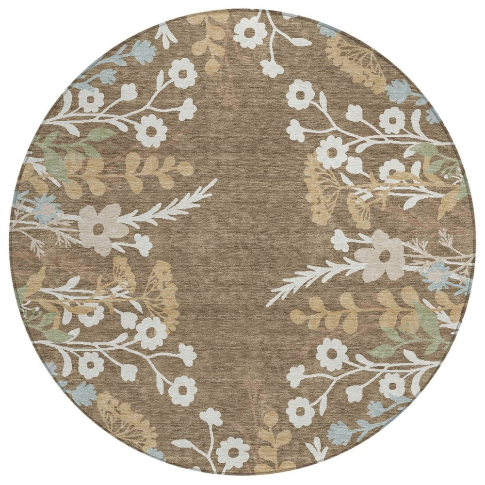 HomeRoots 8' Round Floral Area Rug in Chocolate, Ivory & Blue - Washable, Durable for Indoor/Outdoor Use! 659858