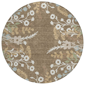 HomeRoots 8' Round Floral Area Rug in Chocolate, Ivory & Blue - Washable, Durable for Indoor/Outdoor Use! 659858