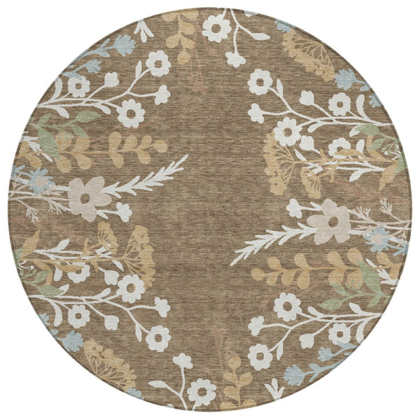 HomeRoots 8' Round Floral Area Rug in Chocolate, Ivory & Blue - Washable, Durable for Indoor/Outdoor Use! 659858