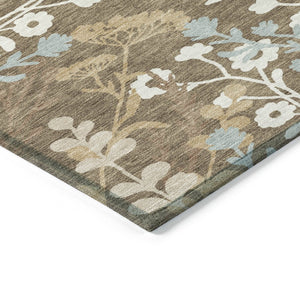HomeRoots 8' Round Floral Area Rug in Chocolate, Ivory & Blue - Washable, Durable for Indoor/Outdoor Use! 659858