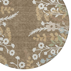 HomeRoots 8' Round Floral Area Rug in Chocolate, Ivory & Blue - Washable, Durable for Indoor/Outdoor Use! 659858