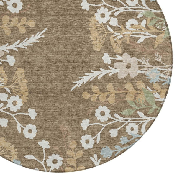 HomeRoots 8' Round Floral Area Rug in Chocolate, Ivory & Blue - Washable, Durable for Indoor/Outdoor Use! 659858