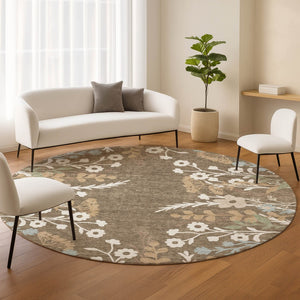 HomeRoots 8' Round Floral Area Rug in Chocolate, Ivory & Blue - Washable, Durable for Indoor/Outdoor Use! 659858