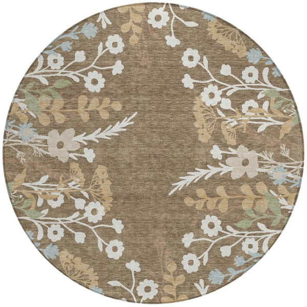 HomeRoots 8' Round Floral Area Rug in Chocolate, Ivory & Blue - Washable, Durable for Indoor/Outdoor Use! 659858