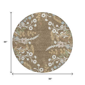 HomeRoots 8' Round Floral Area Rug in Chocolate, Ivory & Blue - Washable, Durable for Indoor/Outdoor Use! 659858