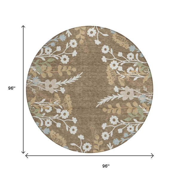 HomeRoots 8' Round Floral Area Rug in Chocolate, Ivory & Blue - Washable, Durable for Indoor/Outdoor Use! 659858
