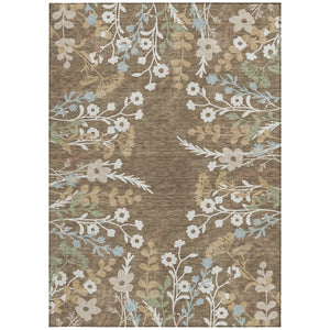 HomeRoots 8' X 10' Washable Floral Area Rug in Chocolate, Ivory & Blue - Durable for Indoor & Outdoor Use! 659859