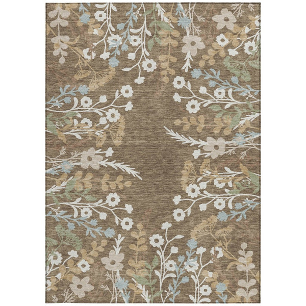 HomeRoots 8' X 10' Washable Floral Area Rug in Chocolate, Ivory & Blue - Durable for Indoor & Outdoor Use! 659859