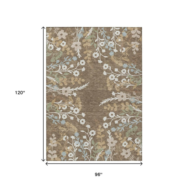 HomeRoots 8' X 10' Washable Floral Area Rug in Chocolate, Ivory & Blue - Durable for Indoor & Outdoor Use! 659859