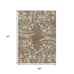 HomeRoots 9' X 12' Washable Floral Area Rug in Chocolate, Ivory & Blue – Durable for Indoor & Outdoor Spaces 659860