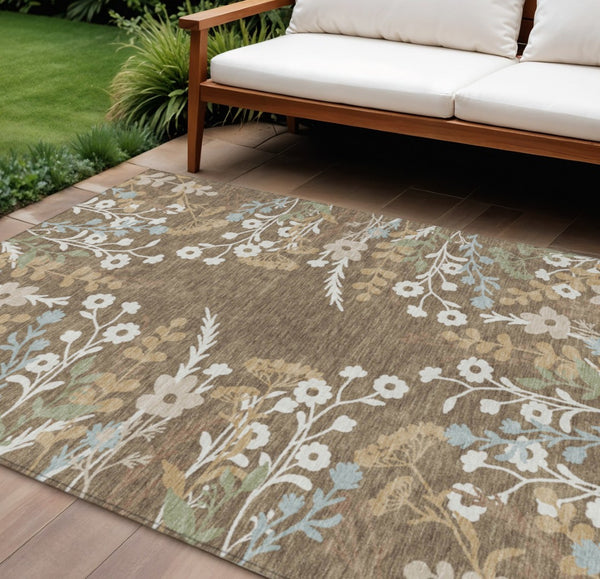 HomeRoots 10' X 14' Washable Floral Area Rug in Chocolate, Ivory & Blue – Stylish for Indoor & Outdoor Spaces 659861
