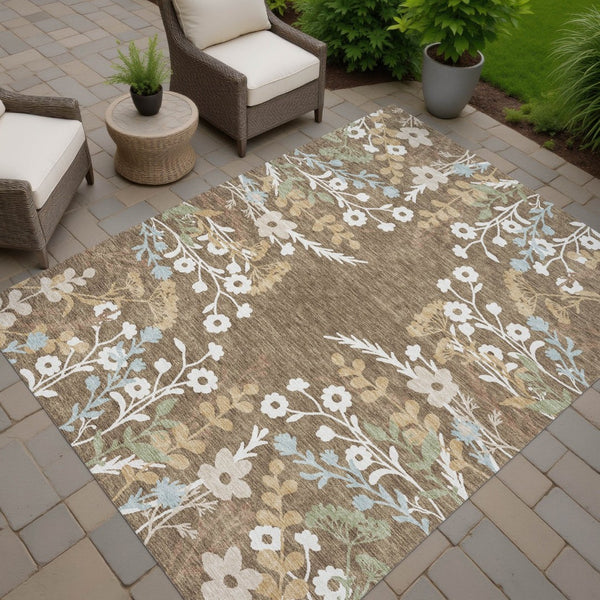HomeRoots 10' X 14' Washable Floral Area Rug in Chocolate, Ivory & Blue – Stylish for Indoor & Outdoor Spaces 659861