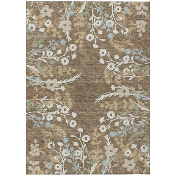 HomeRoots 10' X 14' Washable Floral Area Rug in Chocolate, Ivory & Blue – Stylish for Indoor & Outdoor Spaces 659861