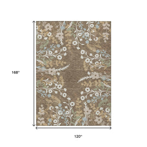 HomeRoots 10' X 14' Washable Floral Area Rug in Chocolate, Ivory & Blue – Stylish for Indoor & Outdoor Spaces 659861