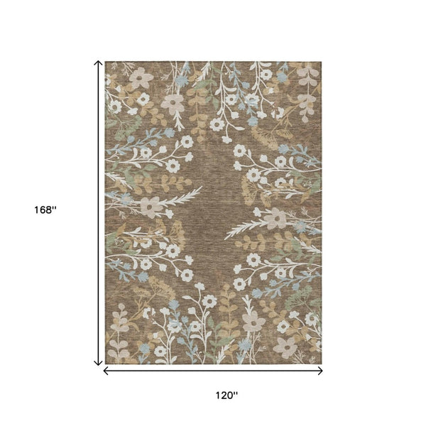 HomeRoots 10' X 14' Washable Floral Area Rug in Chocolate, Ivory & Blue – Stylish for Indoor & Outdoor Spaces 659861