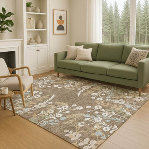 HomeRoots 10' X 14' Washable Floral Area Rug in Chocolate, Ivory & Blue – Stylish for Indoor & Outdoor Spaces 659861