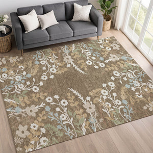 HomeRoots 10' X 14' Washable Floral Area Rug in Chocolate, Ivory & Blue – Stylish for Indoor & Outdoor Spaces 659861